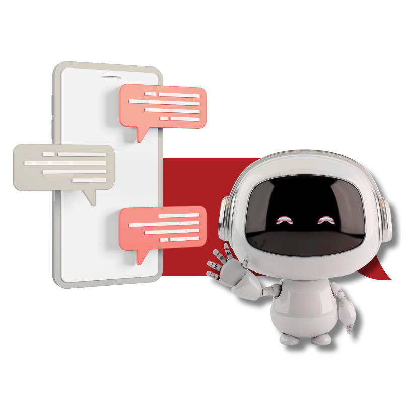 Ein KI Bot winkt. Im Hintergrund ist die Ansicht eines Chatverlaufs mit dem KI Bot zu sehen.